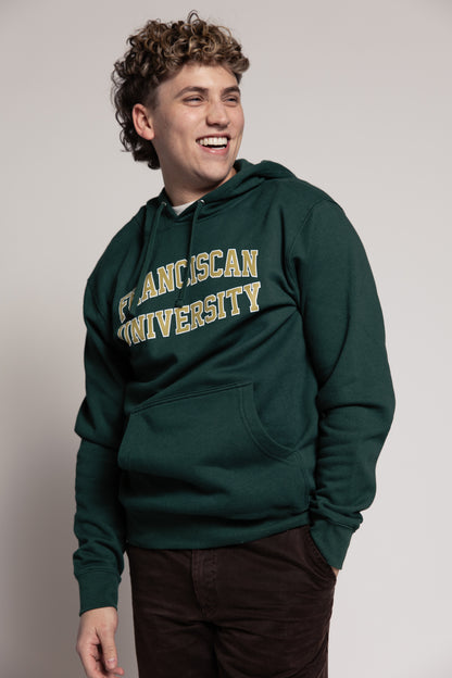 Person wearing a green hoodie with &